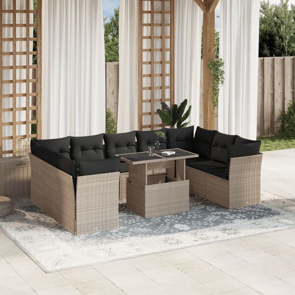 vidaXL 10-tlg. Garten-Sofagarnitur mit Kissen Hellgrau Poly Rattan