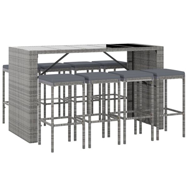 vidaXL 9-tlg. Gartenbar-Set mit Kissen Grau Poly Rattan