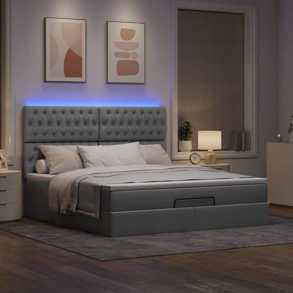 vidaXL Ottoman-Bett mit Matratze & LEDs Hellgrau 160x200 cm Stoff