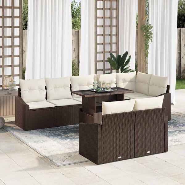 vidaXL Garten-Sofa-Set mit Kissen mit Speicher 9 pcs Braun und Creme