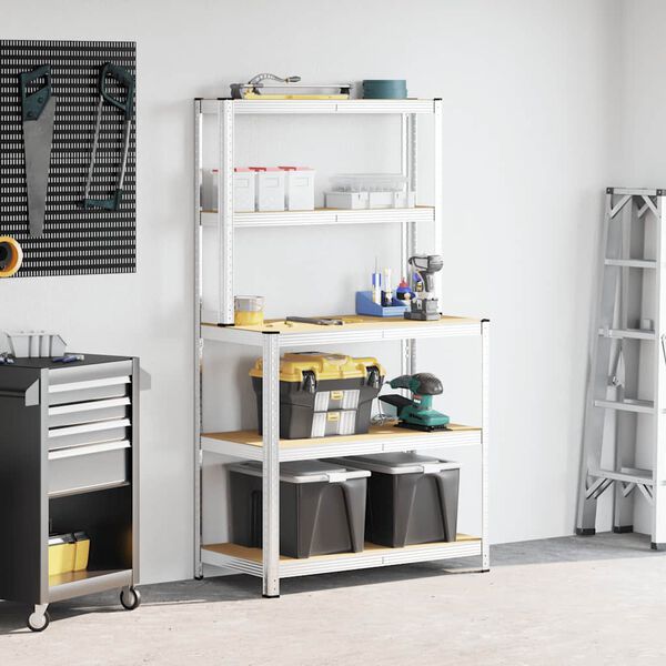 vidaXL Arbeitstisch mit 5 Ablagen Silbern Stahl & Holzwerkstoff