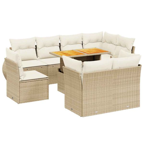 vidaXL 9-tlg. Garten-Sofagarnitur mit Kissen Beige Poly Rattan