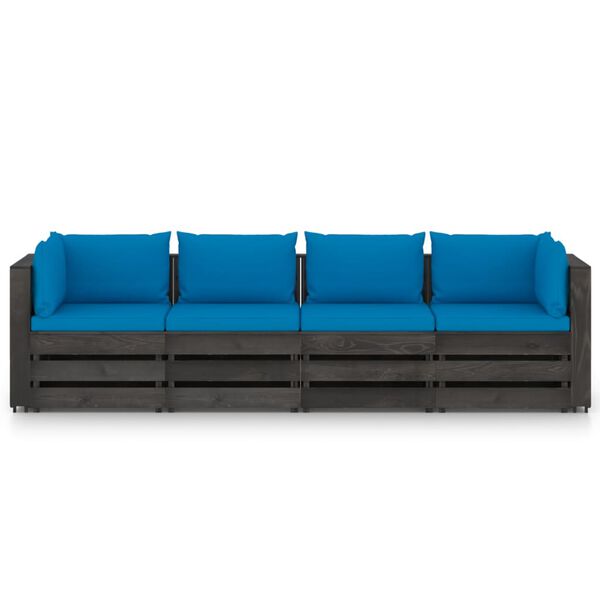 vidaXL 4-Sitzer Outdoor-Sofa mit Kissen Grau Impr&auml;gniertes Holz