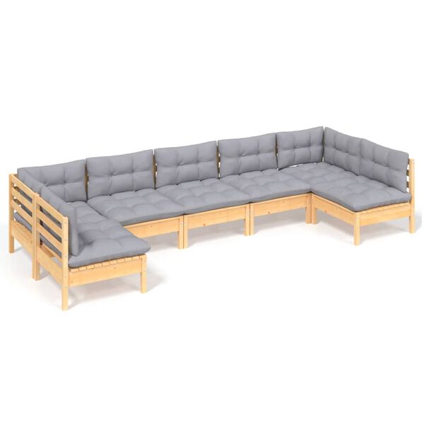 vidaXL 7-tlg. Garten-Lounge-Set mit Grauen Kissen Kiefer Massivholz