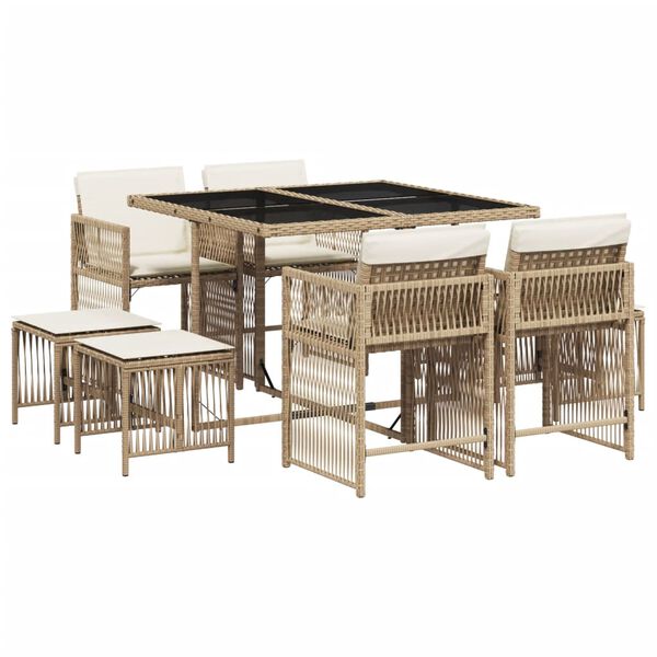 vidaXL 9-tlg. Garten-Essgruppe mit Kissen Beige Poly Rattan