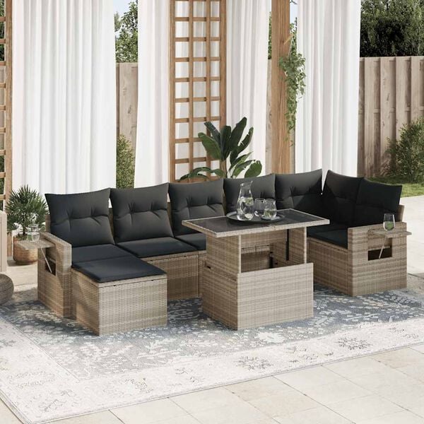 vidaXL 8-tlg. Garten-Sofagarnitur mit Kissen Hellgrau Poly Rattan