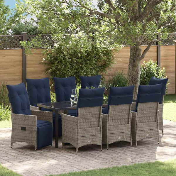 vidaXL Tisch- und Stuhlset mit Kissen 9 pcs Grau PE-Rattan