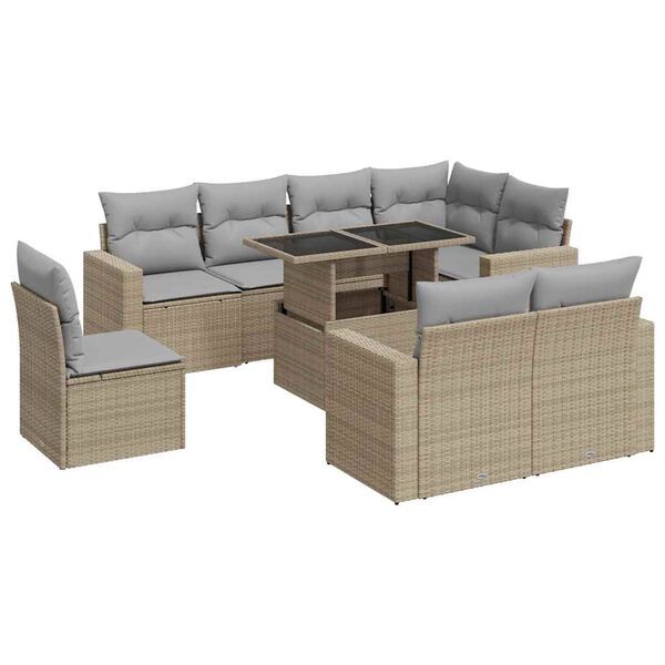 vidaXL 9-tlg. Garten-Sofagarnitur mit Kissen Beige Poly Rattan