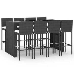vidaXL 9-tlg. Gartenbar-Set mit Kissen Schwarz Poly Rattan