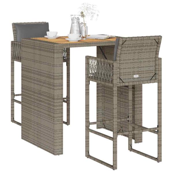 vidaXL 3-tlg. Gartenbar-Set mit Kissen Grau Poly Rattan Akazie