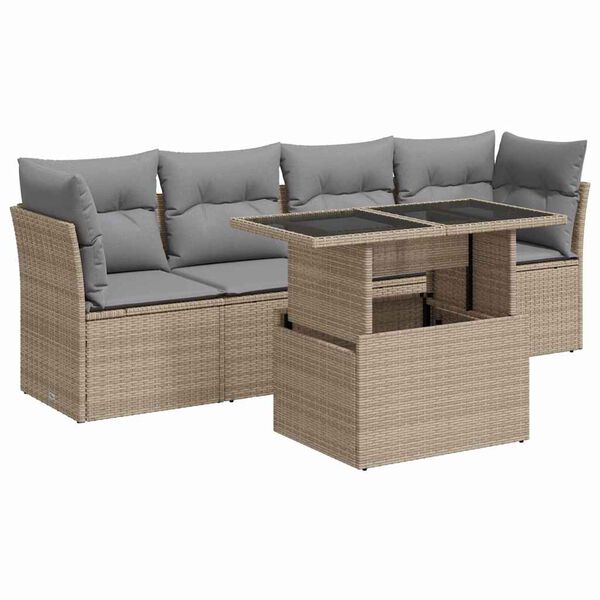 vidaXL 5-tlg. Garten-Sofagarnitur mit Kissen Beige Poly Rattan