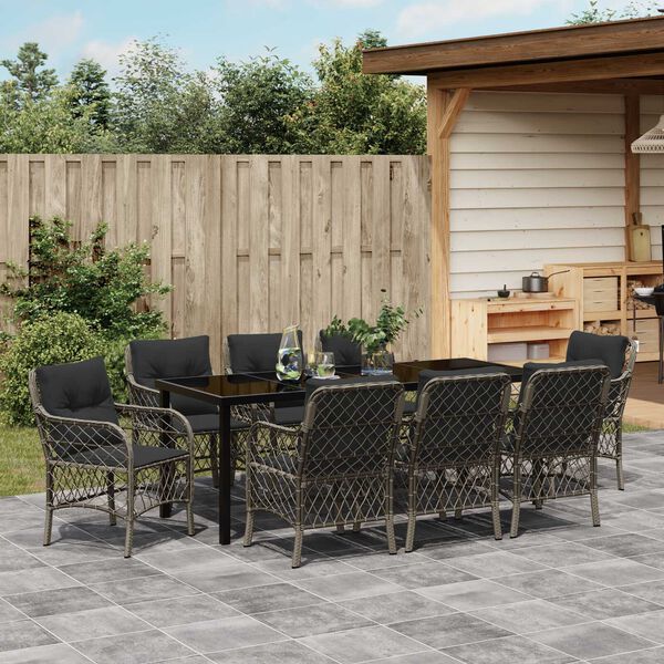 vidaXL Garten Essgruppe mit Kissen 9 pcs Grau Poly-Rattan