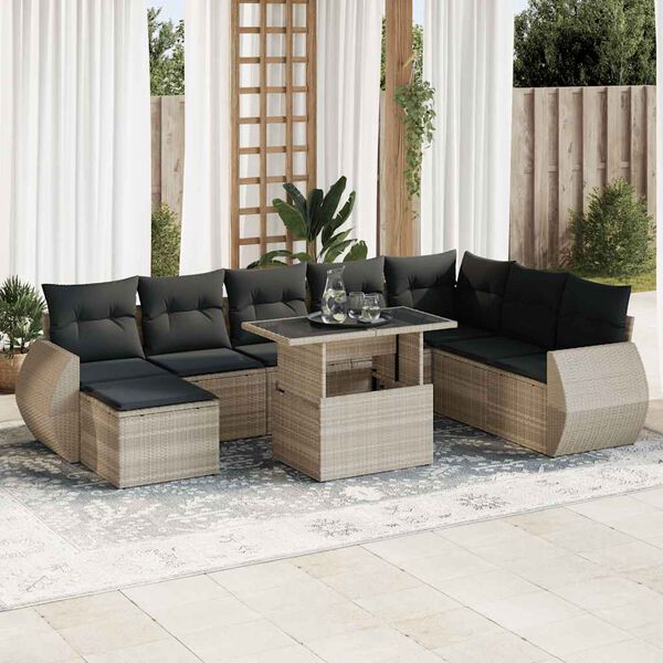 vidaXL 9-tlg. Garten-Sofagarnitur mit Kissen Hellgrau Poly Rattan