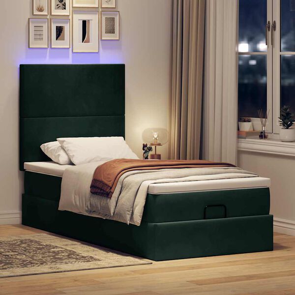 vidaXL Ottoman-Bett mit Matratzen & LEDs Dunkelgr&uuml;n 100x200 cm Samt