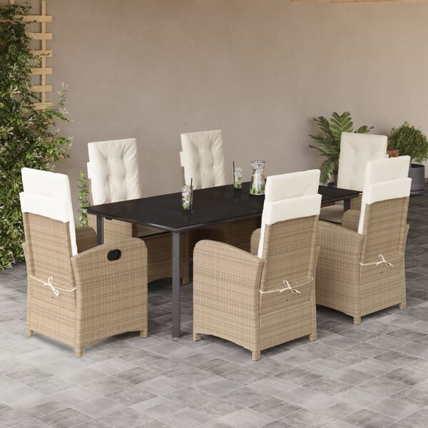 vidaXL 7-tlg. Garten-Essgruppe mit Kissen Beige Poly Rattan