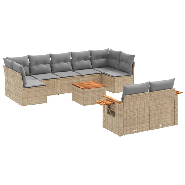 vidaXL 10-tlg. Garten-Sofagarnitur mit Kissen Beige Poly Rattan