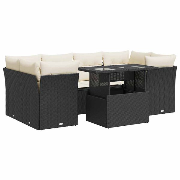 vidaXL 7-tlg. Garten-Sofagarnitur mit Kissen Schwarz Poly Rattan