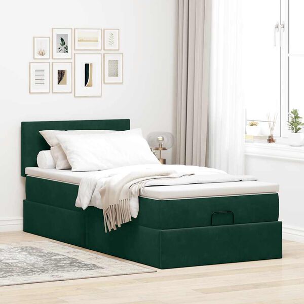 vidaXL Ottoman-Bett mit Matratze & LEDs Dunkelgr&uuml;n 90x190 cm Samt