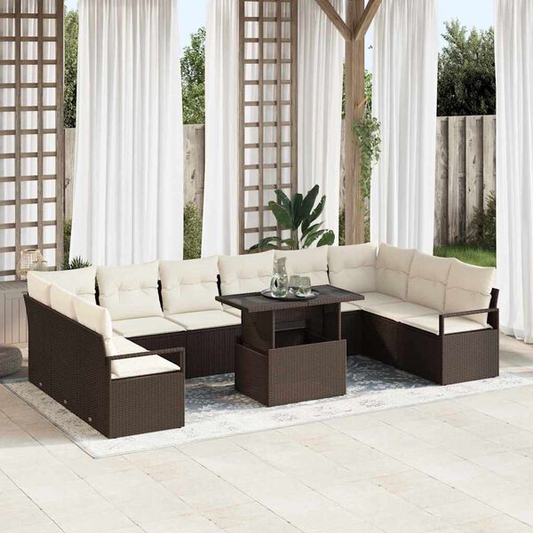 vidaXL Garten-Sofa-Set mit Kissen 11 pcs Braun und Creme Poly-Rattan
