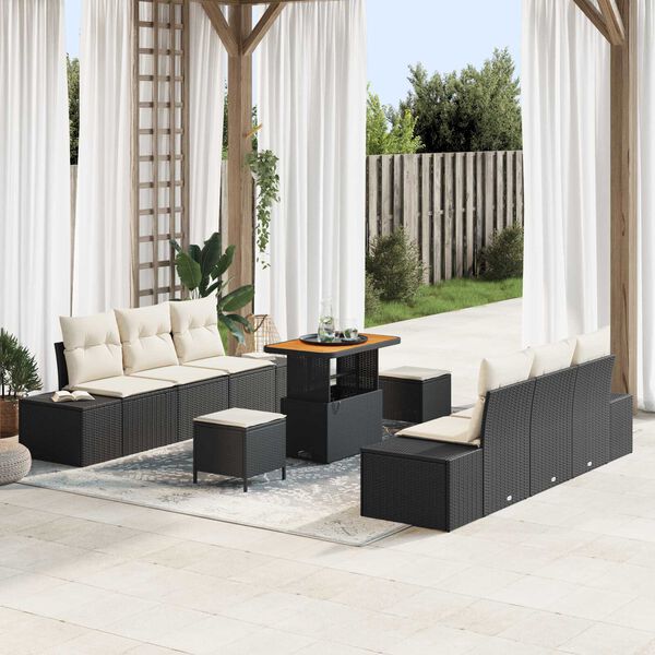 vidaXL Garten-Sofa-Set mit Kissen mit Speicher 9 pcs Schwarz und Creme