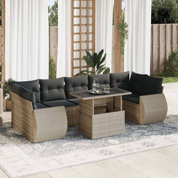 vidaXL 8-tlg. Garten-Sofagarnitur mit Kissen Hellgrau Poly Rattan