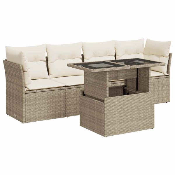 vidaXL 5-tlg. Garten-Sofagarnitur mit Kissen Beige Poly Rattan