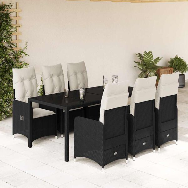 vidaXL 7-tlg. Garten-Bistro-Set mit Kissen Schwarz Poly Rattan