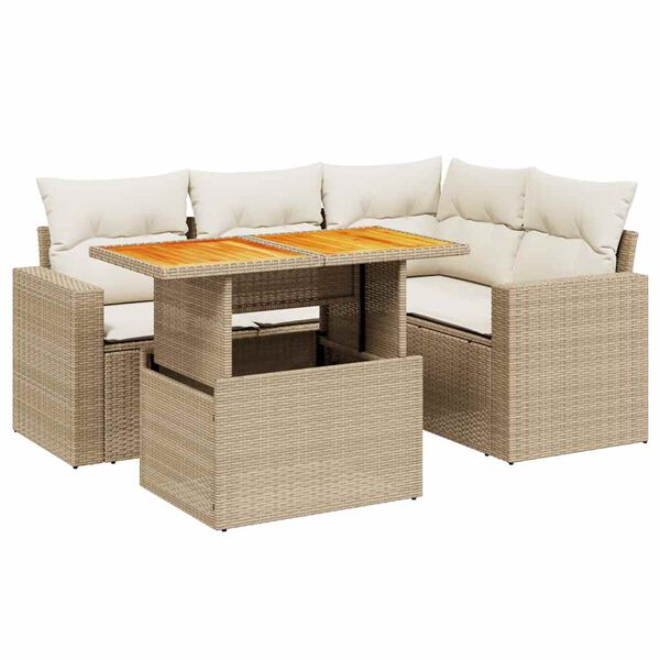 vidaXL 5-tlg. Garten-Sofagarnitur mit Kissen Beige Poly Rattan