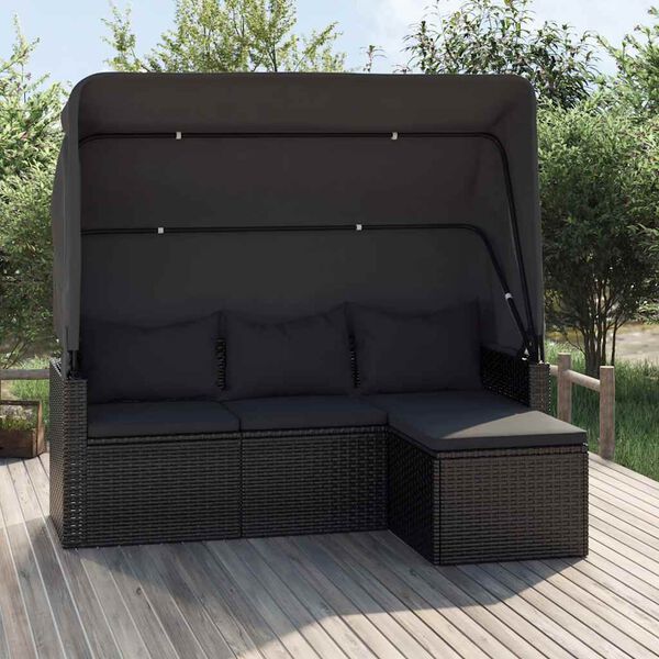vidaXL 3-Sitzer-Gartensofa mit Dach und Fu&szlig;hocker Schwarz Poly Rattan