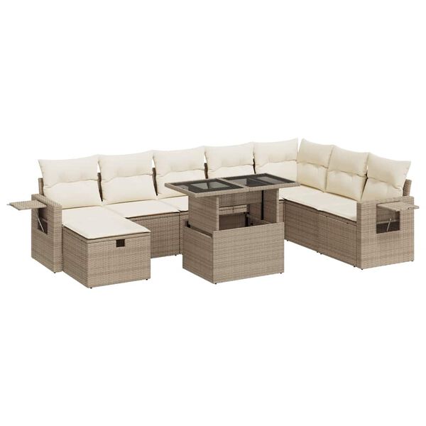 vidaXL 9-tlg. Garten-Sofagarnitur mit Kissen Beige Poly Rattan