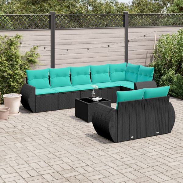 vidaXL 9-teiliges Gartensofa-Set mit Kissen, schwarzes Polyrattan