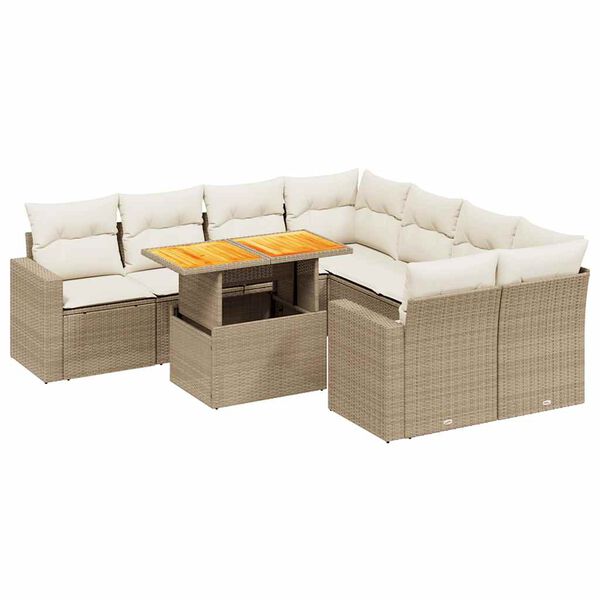 vidaXL 9-tlg. Garten-Sofagarnitur mit Kissen Beige Poly Rattan