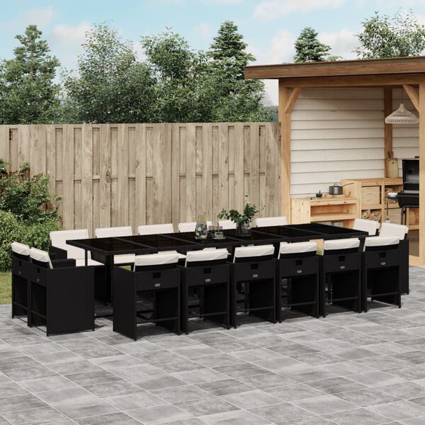 vidaXL 17-tlg. Garten-Essgruppe mit Kissen Schwarz Poly Rattan