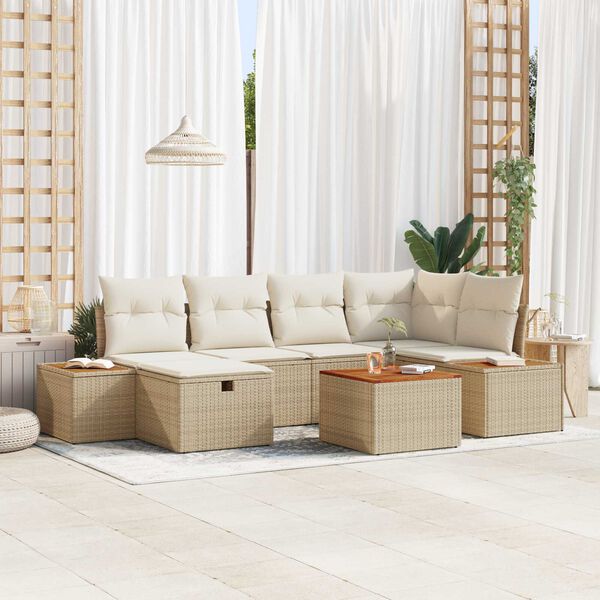 vidaXL Gartensofa-set mit Kissen mit Speicher 7 pcs Beige Poly-Rattan