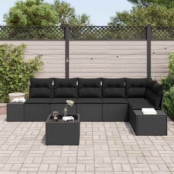 vidaXL Garten-Sofa-Set mit Kissen 7 pcs Schwarz Poly-Rattan