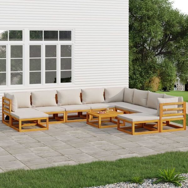 vidaXL 11-tlg. Garten-Lounge-Set mit Hellgrauen Kissen Massivholz