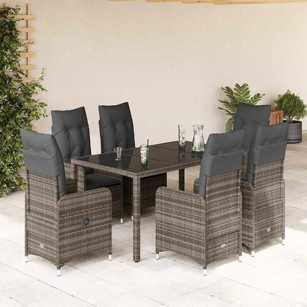 vidaXL 7-tlg. Garten-Bistro-Set mit Kissen Grau Poly Rattan