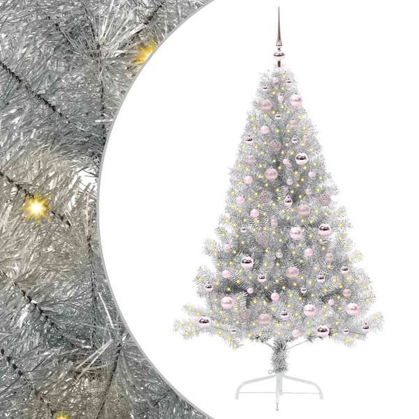 vidaXL K&uuml;nstlicher vorbeleuchteter Weihnachtsbaum Silber 180 cm PET