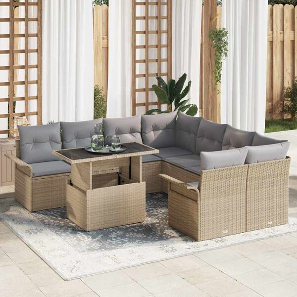vidaXL Gartensofa-set mit Kissen mit Speicher 9 pcs Beige Poly Rattan