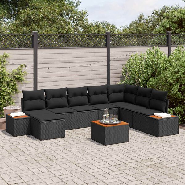 vidaXL Gartensofa-set mit Kissen mit Speicher 9 pcs Schwarz Polyrattan