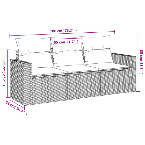 vidaXL 3-tlg. Garten-Sofagarnitur mit Kissen Schwarz Poly Rattan