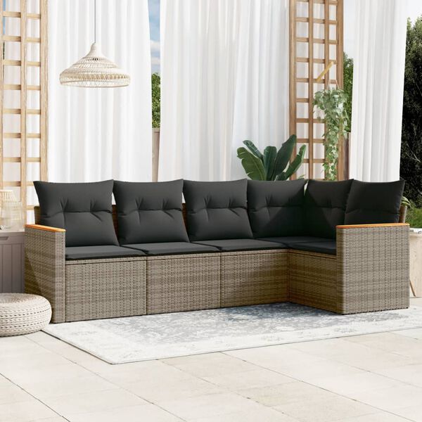 vidaXL 5-tlg. Garten-Sofagarnitur mit Kissen Grau Poly Rattan
