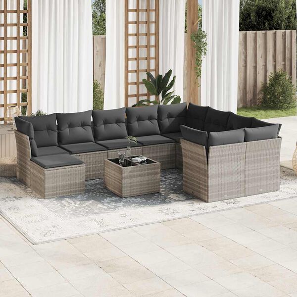 vidaXL 11-tlg. Garten-Sofagarnitur mit Kissen Hellgrau Poly Rattan