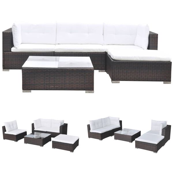vidaXL 5-tlg. Garten-Lounge-Set mit Kissen Poly Rattan Braun