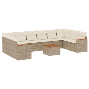vidaXL 11-tlg. Garten-Sofagarnitur mit Kissen Beige Poly Rattan