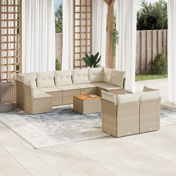 vidaXL 10-tlg. Garten-Sofagarnitur mit Kissen Beige Poly Rattan