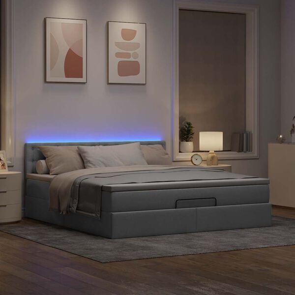 vidaXL Ottoman-Bett mit Matratze & LEDs Hellgrau 160x200 cm Stoff