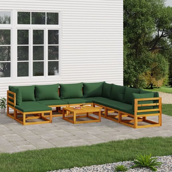 vidaXL 9-tlg. Garten-Lounge-Set mit Grünen Kissen Massivholz
