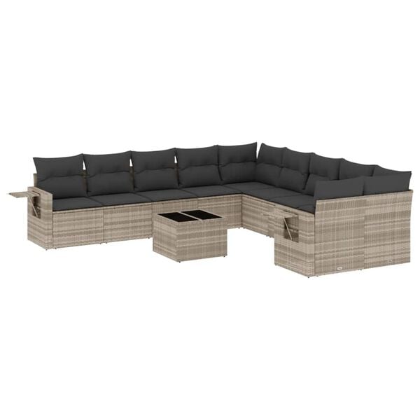 vidaXL 11-tlg. Garten-Sofagarnitur mit Kissen Hellgrau Poly Rattan