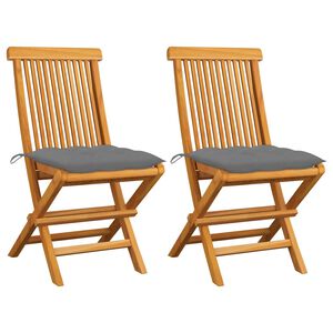 vidaXL Klappst&uuml;hle mit grauen Kissen, 2 St&uuml;ck, Massivholz Teakholz